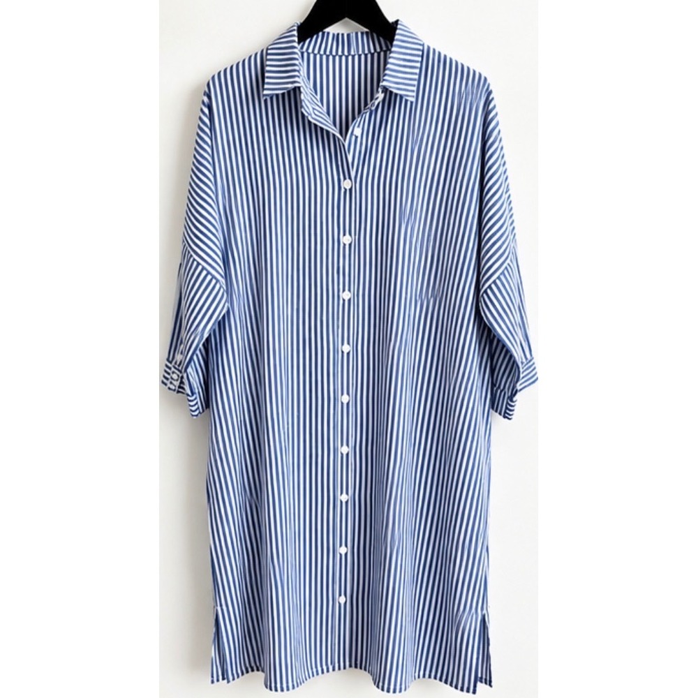 Old Navy Blue White Striped Linen Blend Midi Shift Dress Short Sleeve Size 2X